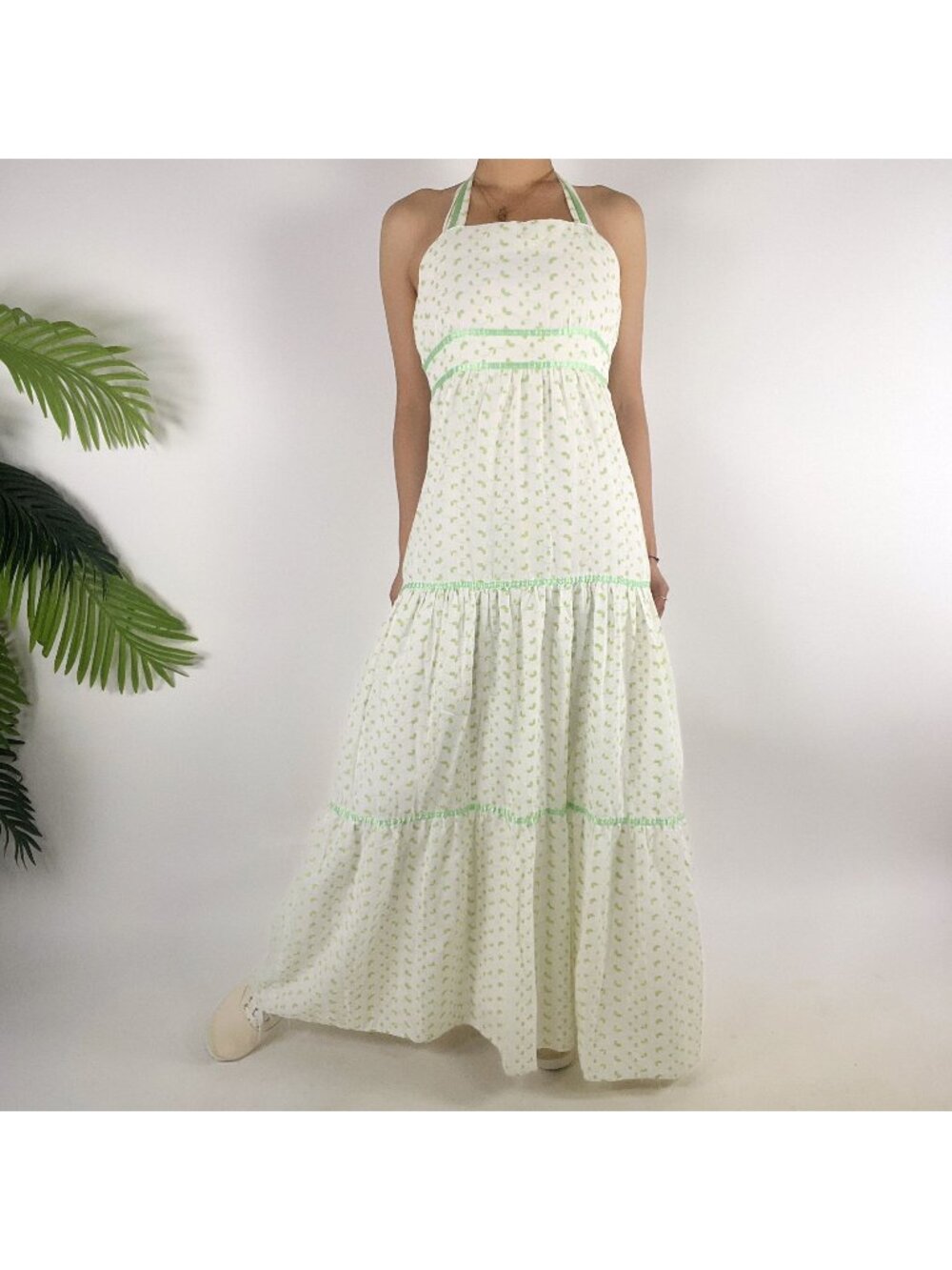 Vintage 60s Peggy Barker White Floral Cottagecore Prairie Halter Maxi Dress / M